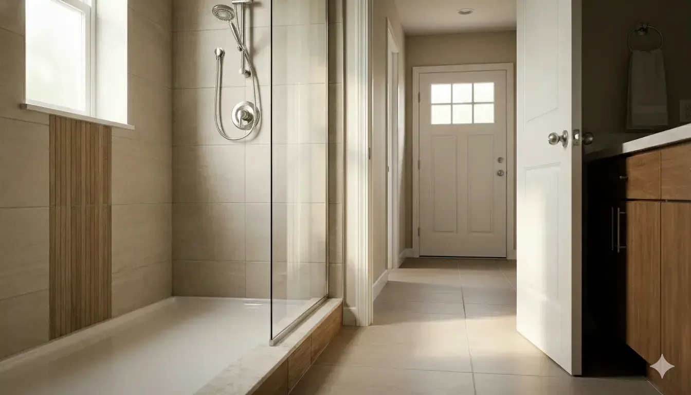 A bright, modern bathroom featuring a glass-enclosed walk-in shower with beige tile walls and a chrome shower head, leading toward a hallway with a white exterior door.