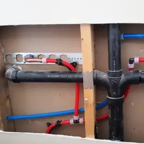 Exposed wall cavity showing new plumbing installations: black ABS drain pipes, red and blue PEX water lines connected to copper stub-outs, and wooden framing.